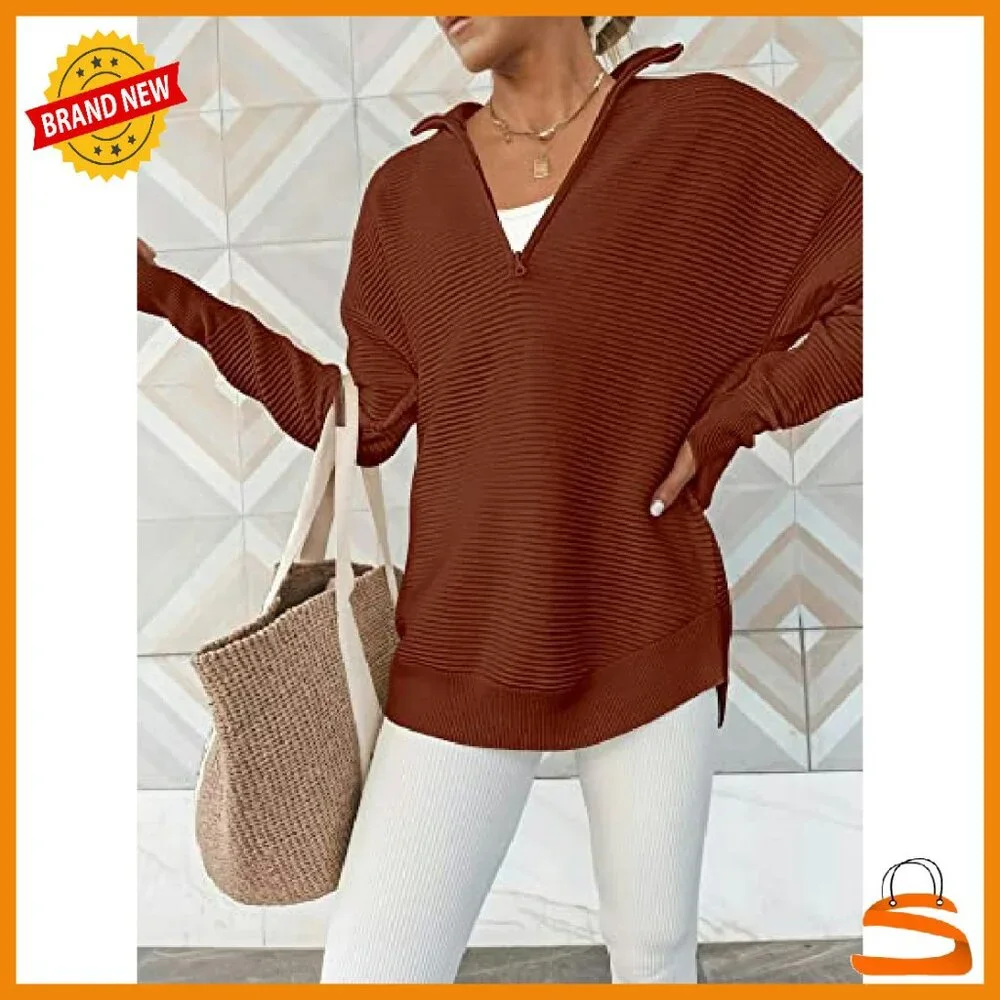 Long Sleeve Quarter Zip Pullover Sweater Ribbed Knit Loose Fit Thumb Hole - Picture 4 of 8